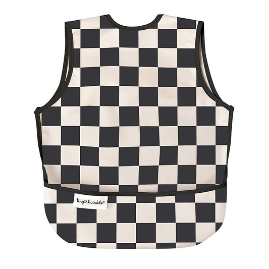 Twinkle Short Sleeve Apron Baby & Toddler Bib – Waterproof, Mess-Proof Bibs for Eating & Feeding, Machine Washable, Perfect Holiday Gift (Black Checkers, 6–24M)