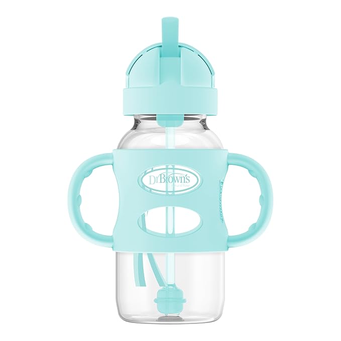 Dr. Brown's Milestones Wide-Neck Sippy Straw Bottle with 100% Silicone Handles and Weighted Straw, 9 oz/270 mL, Green, 6m+