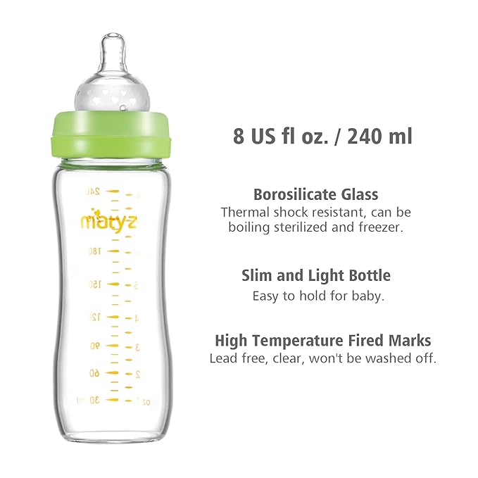Matyz Glass Breastmilk Baby Feeding Bottle with Nipple, 2 Pack, 8 oz Slim and Light Bottle Easy to Hold, Food Grade Borosilicate Glass, Wide Neck Easy to Clean, No BPA (Green Lids)
