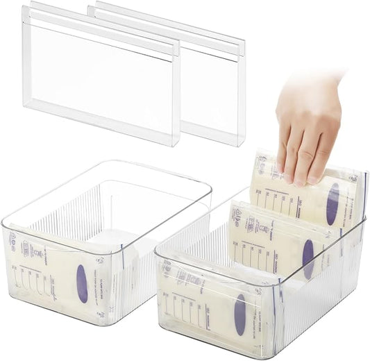 Breastmilk Storage Container with 4 Freezer Flattener Kit to Flatten Standing Breast Milk Bags in Organizer Bins Save Refrigerator Space |Horizontal Storage