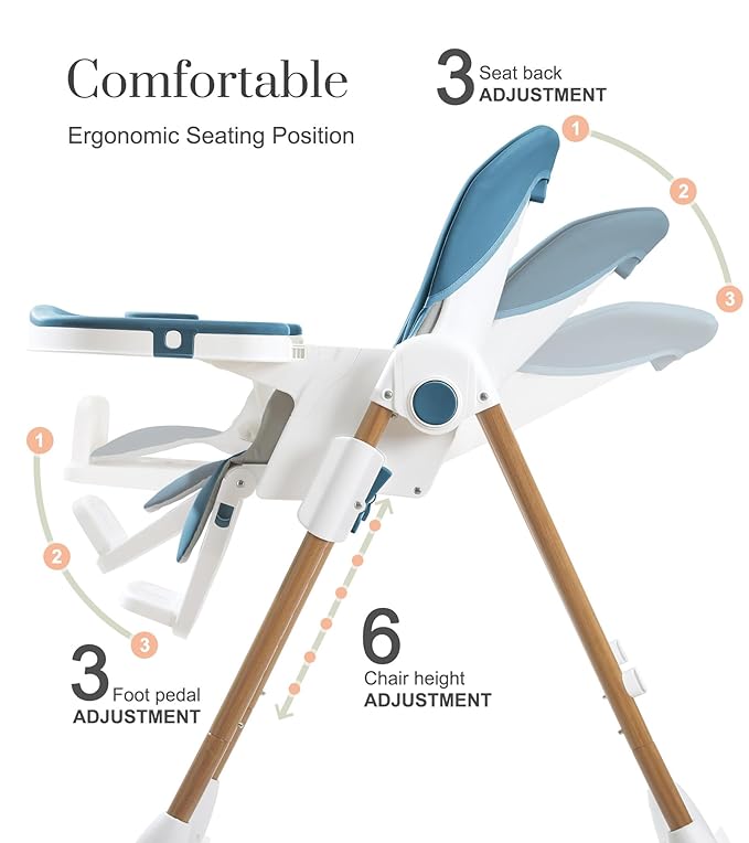 Mallify Foldable High Chairs for Babies and Toddlers, 3-in-1 Convertible Baby High Chair with Removable Soft Cushion and Tray, Adjustable Height & Recline, Lockable Wheels, Dark Blue