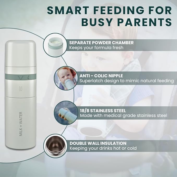 MILK & WATER All in One Baby Bottle & Baby Formula Dispenser On The Go, 5oz - Keeps Water Warm & Formula Fresh - Baby Formula Mixing Bottle with Anti Colic Nipple - Leak-Proof - 3+ Months (Green)