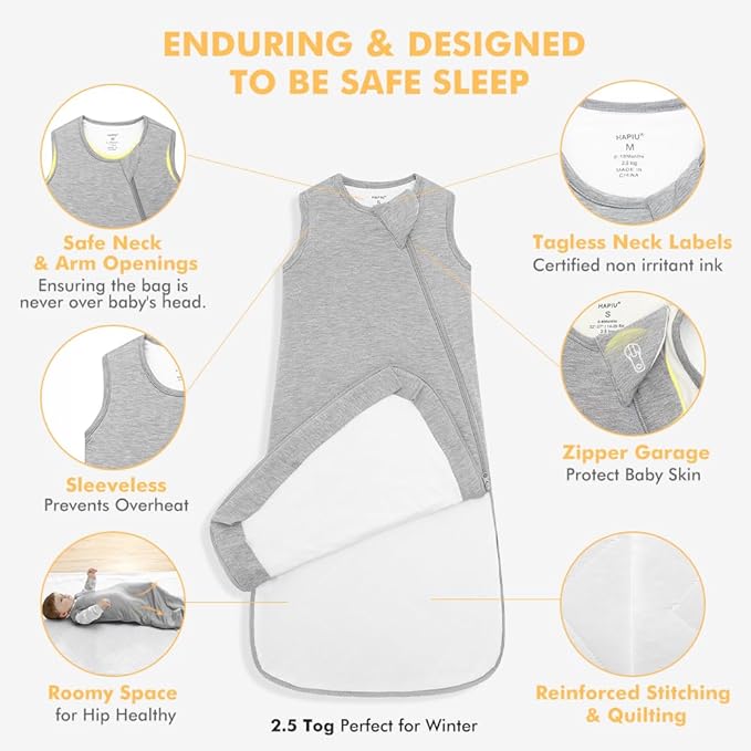 HAPIU Rayon Made from Bamboo Winter Baby Sleep Sack 2.5 TOG, 2-Way Zipper YKK, Warm Quilted Wearable Blanket