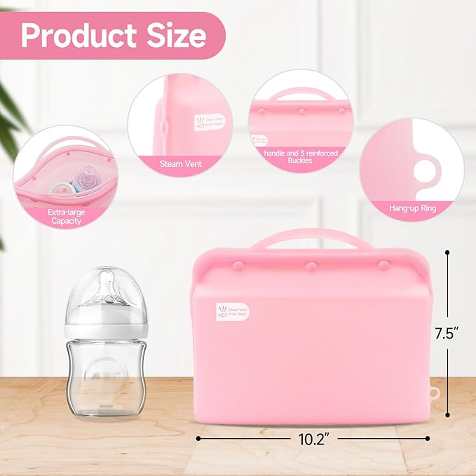 Silicone Microwave Steam Sterilizer Bag for Baby Bottles, Reusable Sterilizing Bag for Pump Parts and Toddler Accessories, Easy to Use Sterilizer Bags Perfect for Home and Travel, Pink (1PC)