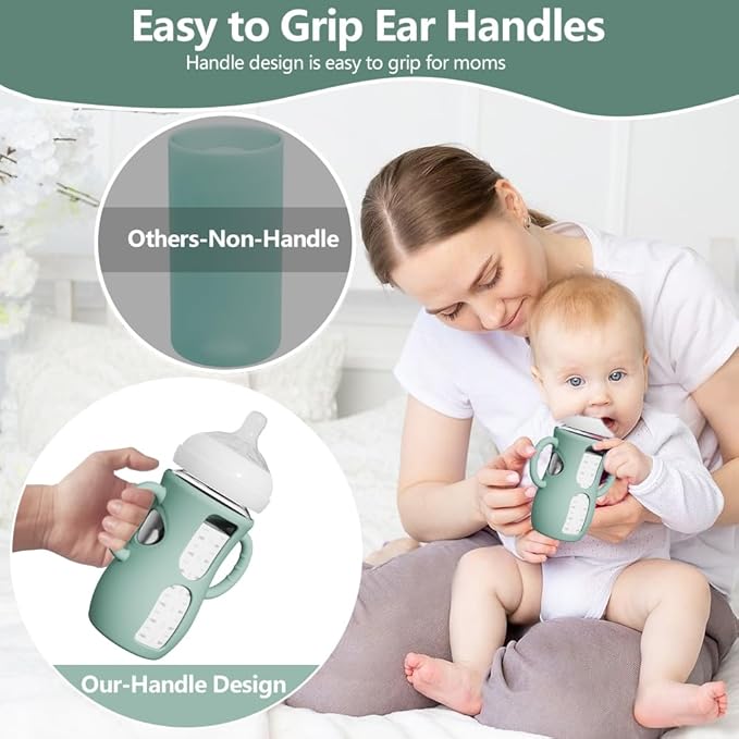 2 Pack Silicone Sleeves for Avent Natural Glass Bottles, Anti Breakage Baby Bottle Protector with Easy-Grip Handle, Compatible Philips Avent Glass Natural Bottle 8 oz, Not for Infant Use