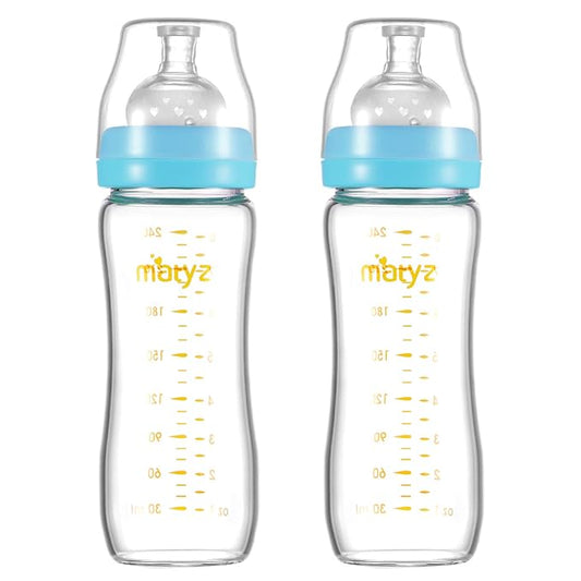 Matyz Glass Breastmilk Baby Feeding Bottle with Nipple, 2 Pack, 8 oz Slim and Light Bottle Easy to Hold, Food Grade Borosilicate Glass, Wide Neck Easy to Clean, No BPA (Blue Lids)