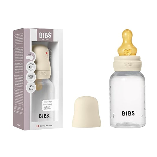 BIBS Baby Bottle 5 oz / 150 ml Natural Rubber Latex Nipple - Anti-Colic, BPA-Free, Round Nipple, Slow Flow, Lightweight & Easy to Clean, Suitable for Newborns 0+ Years - Ivory