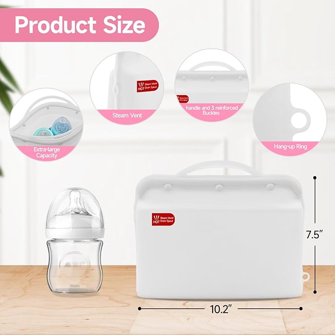 Silicone Microwave Steam Sterilizer Bag for Baby Bottles, Reusable Sterilizing Bag for Pump Parts and Toddler Accessories, Easy to Use Sterilizer Bags Perfect for Home and Travel, White (1PC)