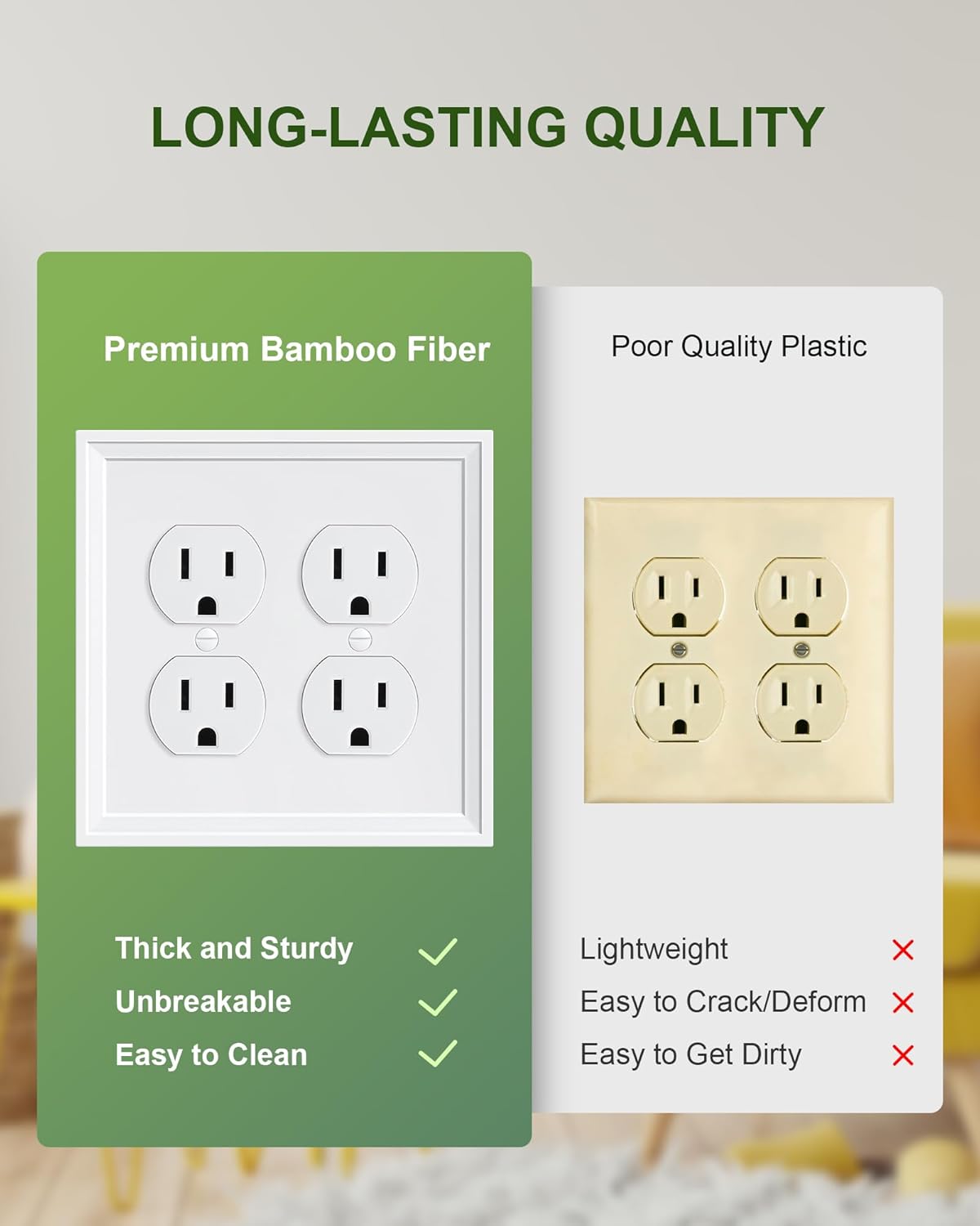 2-Pack Double Duplex Outlet Cover, Natural Bamboo Fiber Switch Plates and Outlet Covers, White Decorative Wall Plates for Electrical Outlets, 2 Gang Receptacle Cover, Corrosion Resistant