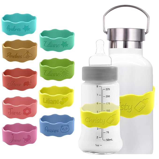 Personalized Baby Bottle Labels for Daycare Custom Water Bottle Name Bands Customized Engraved Silicone Baby Reusable Bottle Straps Labels for Cups School-Yellow