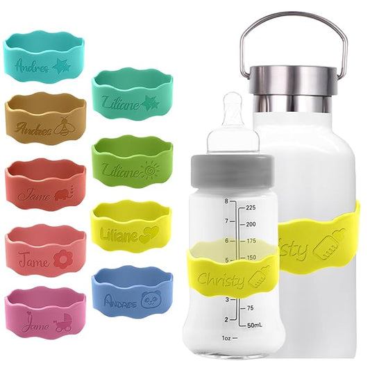 Personalized Baby Bottle Labels for Daycare Custom Water Bottle Name Bands Customized Engraved Silicone Baby Reusable Bottle Straps Labels for Cups School-Yellow