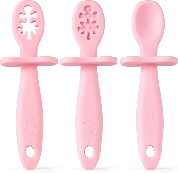 Growing Love Baby Spoons Set, Self Feeding 6 months, Pre-Spoon, Baby utensils, training spoon, cuchara bebe, blw, 100% silicone, Anti choke shield (pink)