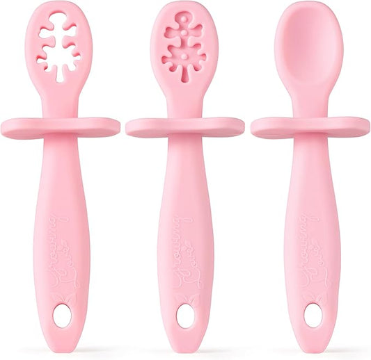 Growing Love Baby Spoons Set, Self Feeding 6 months, Pre-Spoon, Baby utensils, training spoon, cuchara bebe, blw, 100% silicone, Anti choke shield (pink)