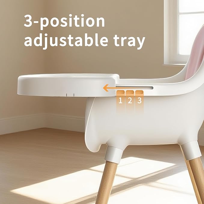 Baby High Chair, Wooden Highchair with Removable Tray, Adjustable Legs, Cushion, 5-Point Harness and Footrest for Infants, Baby, Toddlers, Pink