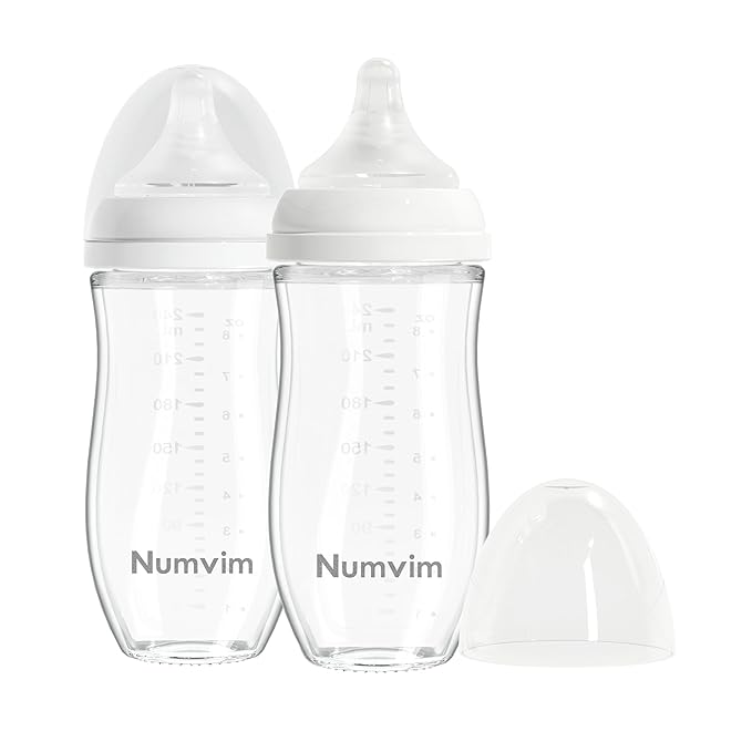 Natural Glass Baby Bottle for Breastfeeding Babies, Baby Essentials, Gentle Medium Flow, Wide Neck Bottle with Anti Colic Nipple for 3 Months Babies, Includes M Nipples (8Oz, 2 Packs)