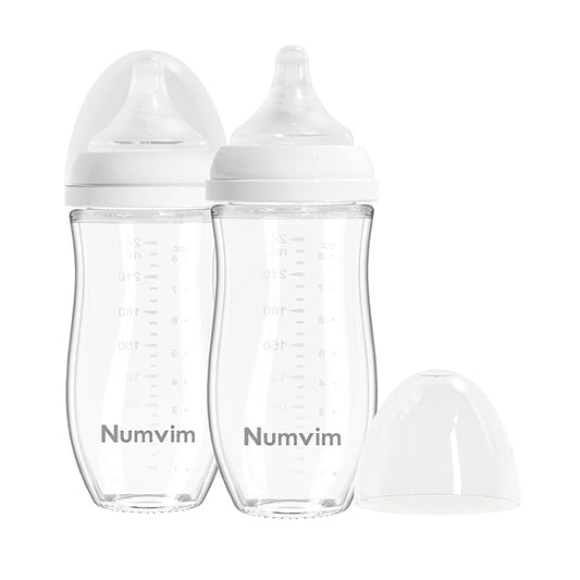 Natural Glass Baby Bottle for Breastfeeding Babies, Baby Essentials, Gentle Medium Flow, Wide Neck Bottle with Anti Colic Nipple for 3 Months Babies, Includes M Nipples (8Oz, 2 Packs)