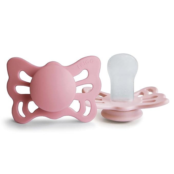 FRIGG Butterfly Anatomical SilkySoft Silicone Baby Pacifier | Made in Denmark | BPA-Free (Cedar/Baby Pink, 0-6 Months)