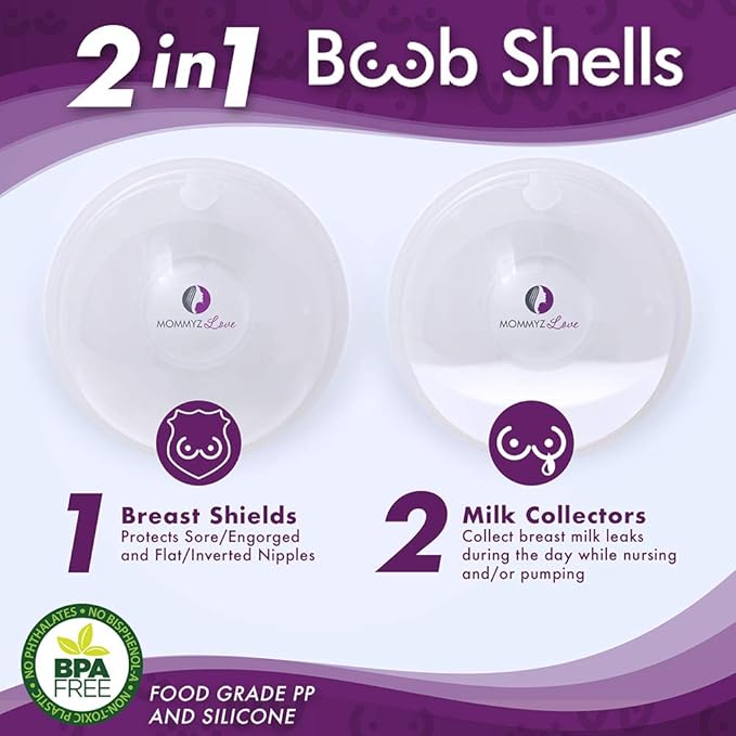 Mommyz Love Breast Shells & Milk Catcher for Breastfeeding New Model with Plugs - Breast Milk Catcher to Relieve Cracked Sore & Engorged Nipples - Breast Shells Milk Collector for Leaking Milk 4 Pack