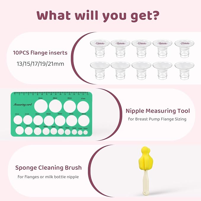 Flange Sizing Kit 3 in 1 with 10PCS Flange Inserts 13/15/17/19/21mm, Silicone Flanges Insert Kit for 24mm Flange/Shield, Pumping Essentials Kit for Moms