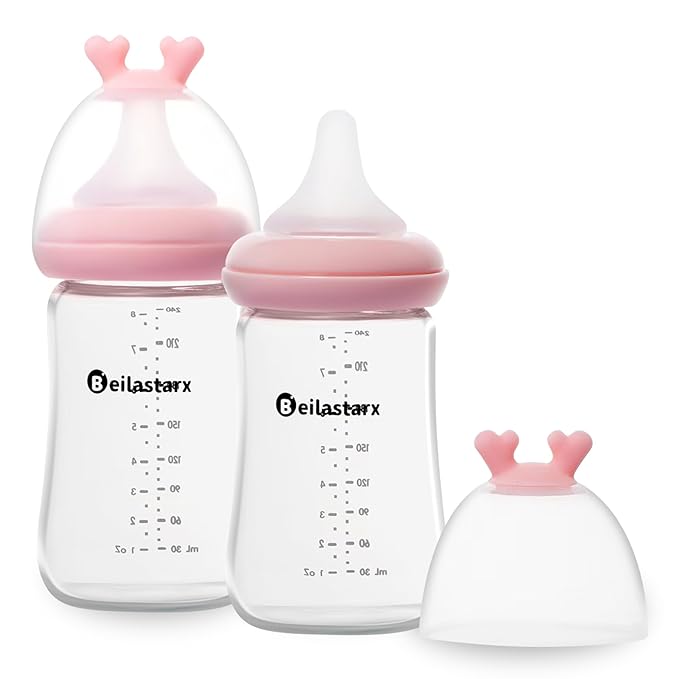 Glass Baby Bottles with Natural Response Nipple Size M - Anti Colic Baby Bottles Wide Neck Slow Flow Baby Bottle(Red, 8oz (Pack of 2))