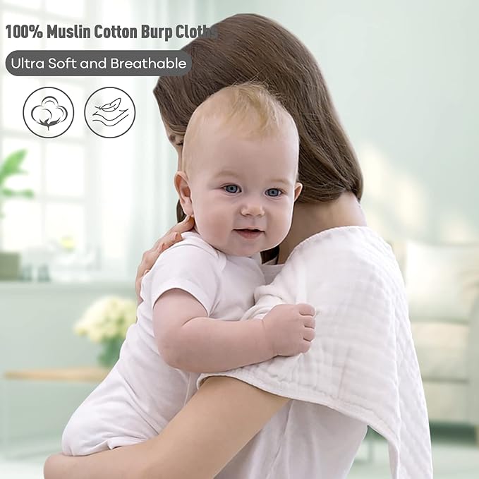 Yoofoss Muslin Burp Cloths for Baby 10 Pack 100% Cotton Baby Washcloths for Boys Girls Large 20''X10'' Super Soft and Absorbent Gradient Grey