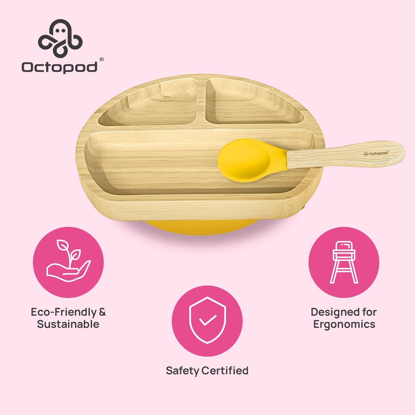 Abiie Octopod Bamboo Dish - Kids Plates for 4 months and up, 3-Compartment Baby Plates with Suction, Triangle Bamboo Baby Plate, Mess-Free Toddler Suction Plates, Baby Feeding Supplies, 8.3x1.9x7.7 in
