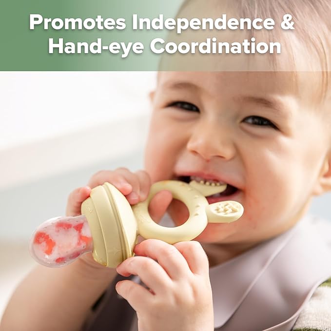 Haakaa Baby Fruit Food Feeder & Silicone Freezer Nibble Tray Combo - Breastmilk Popsicle Mold for Baby Cooling Relief, BPA Free Baby Mesh Food Feeder for Infant Self Feeding - Marigold