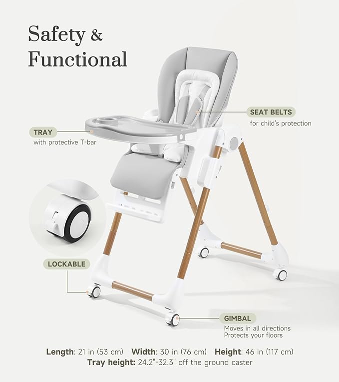 Mallify Foldable High Chairs for Babies and Toddlers, 3-in-1 Convertible Baby High Chair with Removable Soft Cushion and Tray, Adjustable Height & Recline, Lockable Wheels, Ligh Gray