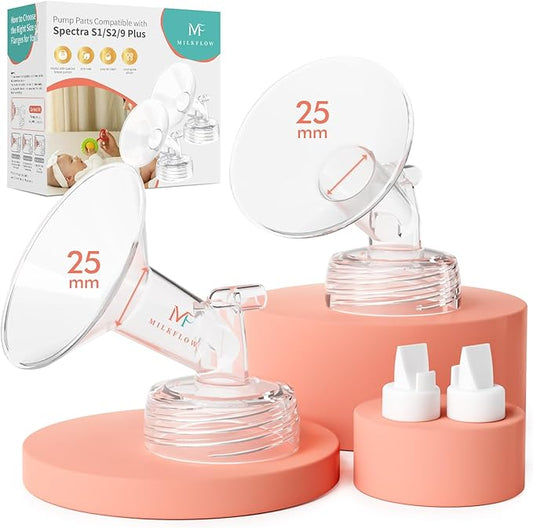 BPA-Free Breast Pump Replacement Parts: 2 Piece 25MM Flange & Valve Kit Compatible with Spectra S1/S2/9 Plus (Not Original Spectra Accessories)