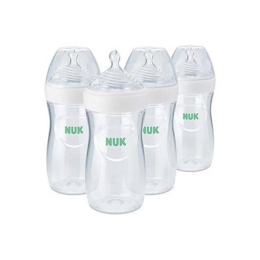 NUK Simply Natural Baby Bottle with SafeTemp, Anti-Colic Vent, and Slow Flow Nipple for Natural Feeding, 9 oz., 4-Pack