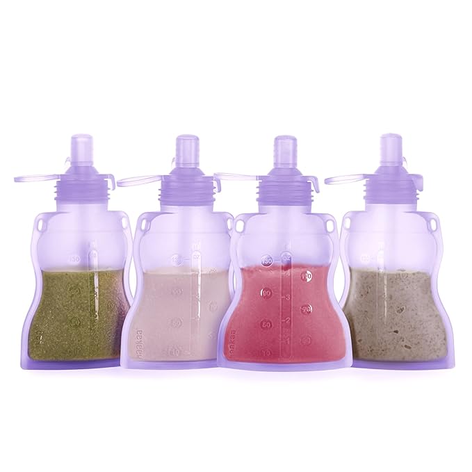 haakaa Baby Food Pouch Refillable Baby Squeeze Silicone Yummy Pouch, Soft Reusable Squeeze Storage Food Pouch for Kids Toddler,Home Made Food Puree,Smoothie Pouch Bag, 4oz, 4 Pack,6m+(Lavender)