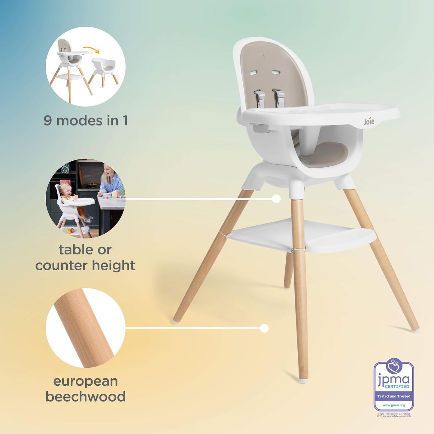 Joie Chai Multi-Mode Highchair - European Beech Wood, Convertible, 9+ Modes, Birth up to 60 lb. (Walnut)