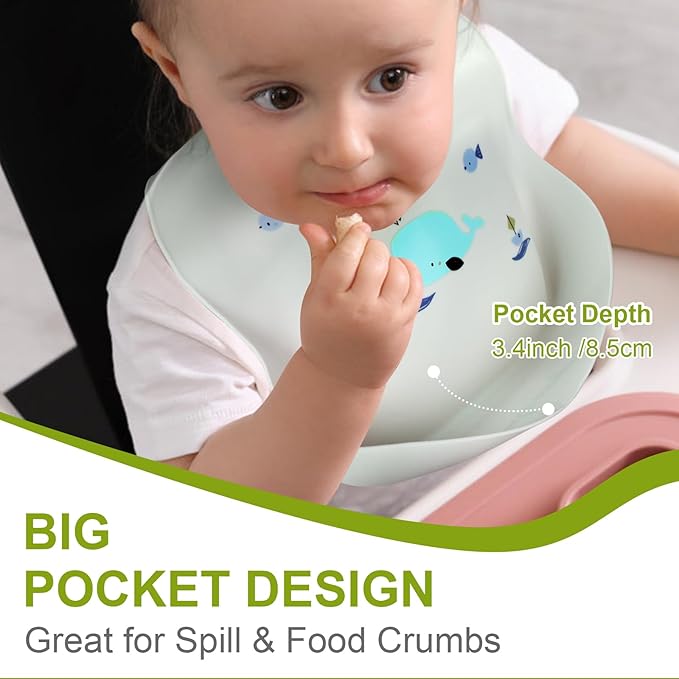 Accmor Silicone Baby Bibs, Waterproof Soft Bibs for Baby Girls Boys Feeding Eating, Silicone Baby Bibs with Large Pocket