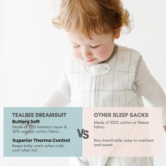 Tealbee Dreamsuit Toddler Sleep Sack with Feet – Walker Sleep Bag with Legs, Rayon made from Bamboo, All Season 1.2 TOG, 2-Way Zipper, 2T-3T - Alphabet