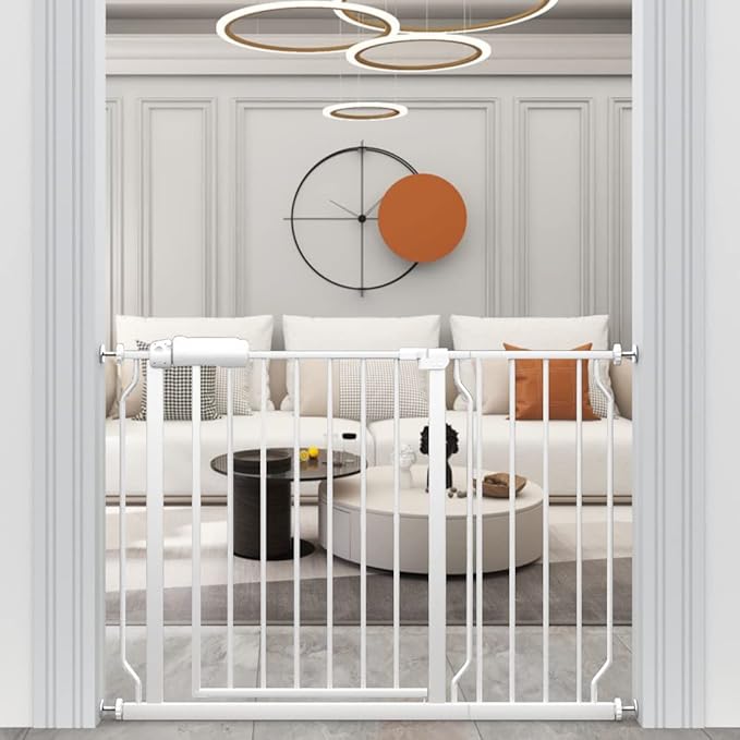 WAOWAO Baby Gate 43.31-48.00" Extra Wide Pressure Mounted Walk Through Swing Auto Close Safety White Metal Toddler Kids Child Dog Pet Puppy for Stairs,Doorways,Kitchen
