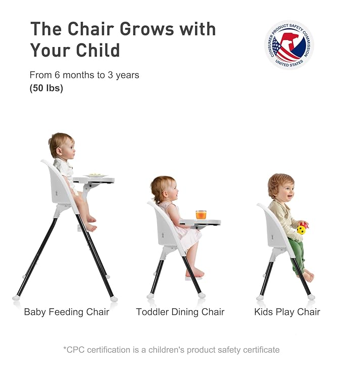 Funny Supply 3-in-1 Cute Folding High Chair, High Chairs for Babies and Toddlers, Modern Space Saving Highchair with Removable Double Tray, Easy to Clean, Light Weight Baby Feeding Chair, White