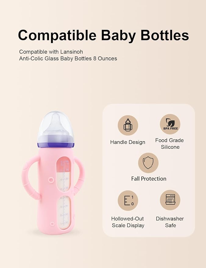 ZCH 4-Pack Silicone Sleeves with Handles for Lansinoh Glass Bottles, BPA-Free Drop-Resistant Baby Bottle Sleeves with Handles, Compatible with Lansinoh Anti-Colic Glass Baby Bottles (8 oz)