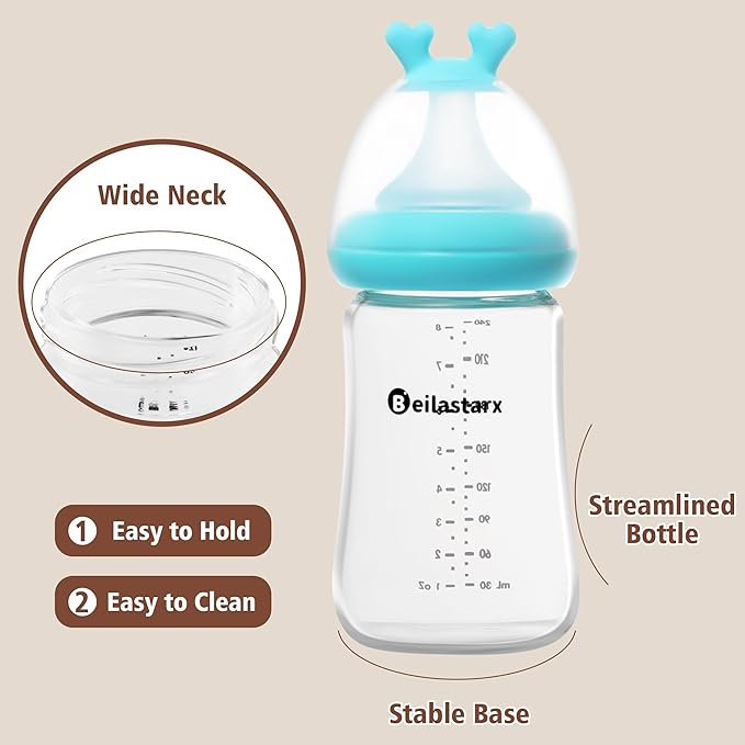 Glass Baby Bottles with Natural Response Nipple Size M - Anti Colic Baby Bottles Wide Neck Slow Flow Baby Bottle (Blue, 8oz (Pack of 4))