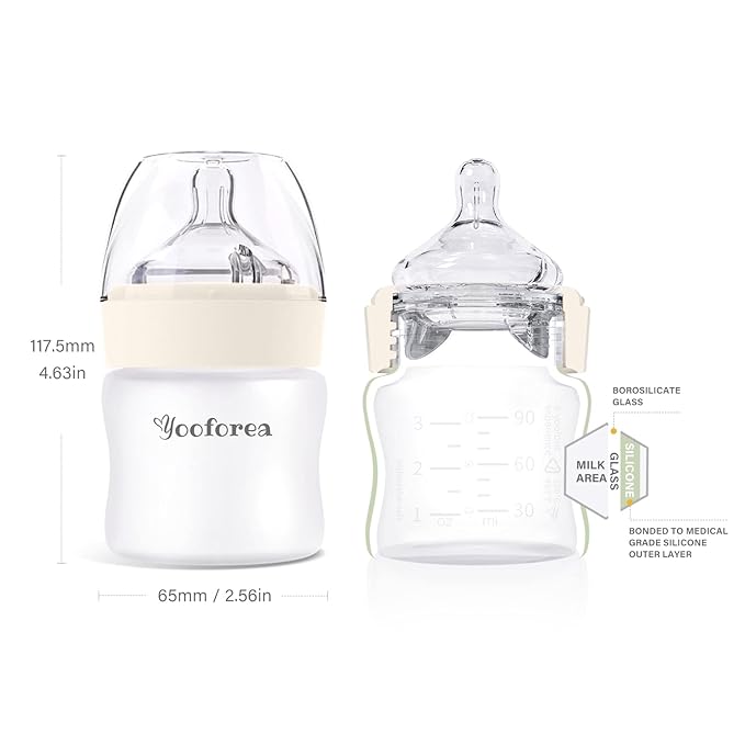 Yooforea Silicone Coated Glass Baby Bottle, 0M+ Slow Flow Nipple I Anti-Colic, Wide Neck, Stable Base I Medical-Grade Silicone Coating for Shatter Protection, BPA BPS PVC Free (2 Pack, 3 Ounce-Cream)