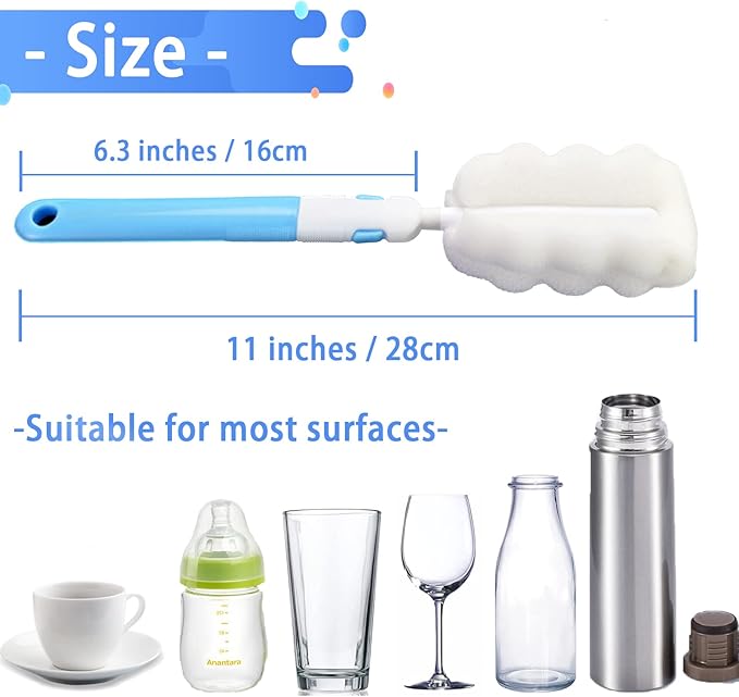 Bottle Brush 8PCS Sponge Cup Brush Set Cup Scrubber Brush Portable Long Handle Water Bottle Cleaner Brush for Baby Bottles Vacuum Flasks Mugs Glasswares (8PCS)
