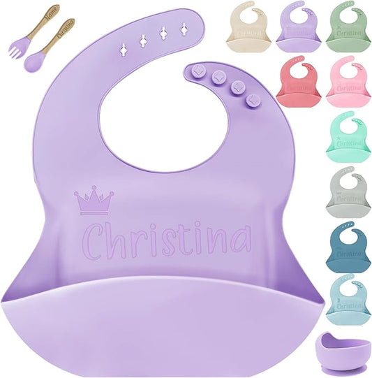 SRdrew Personalized Silicone Bibs Set Custom Engraved Name Icon Toddler Bib Durable Adjustable for Boy Girl