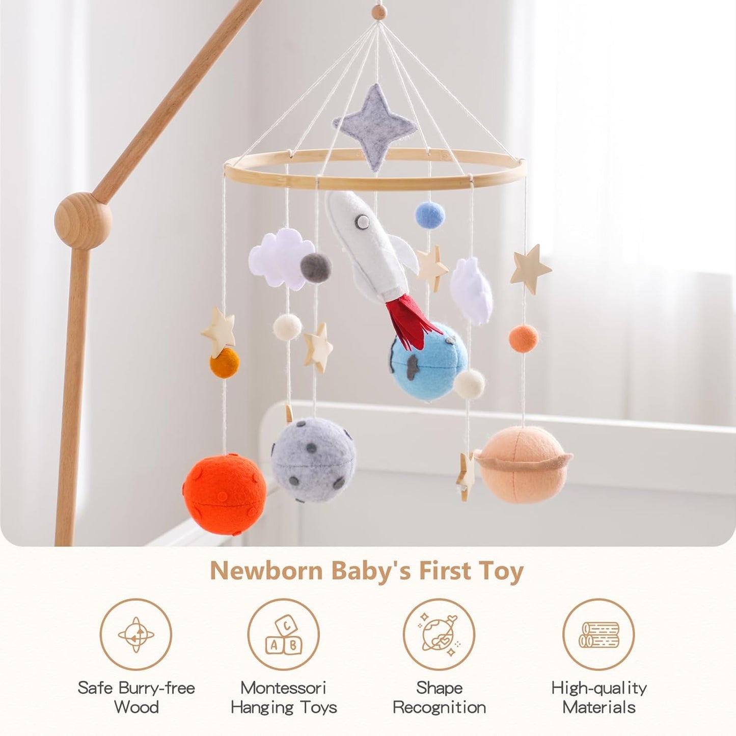Baby Crib Mobile for Boys Girls | Felt Space Nursery Mobile Wooden Mobile for Crib | Astronaut Space Theme Nursery Bed Decoration Baby Mobile for Crib | Gift for Newborn Nursery Decor