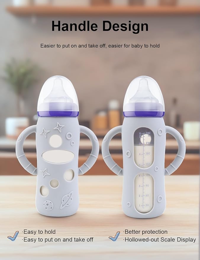 ZCH 4-Pack Silicone Sleeves for Lansinoh Glass Bottles, BPA-Free Drop-Resistant Baby Bottle Sleeves with Handles, Compatible with Lansinoh Anti-Colic Glass Baby Bottles (8 oz)