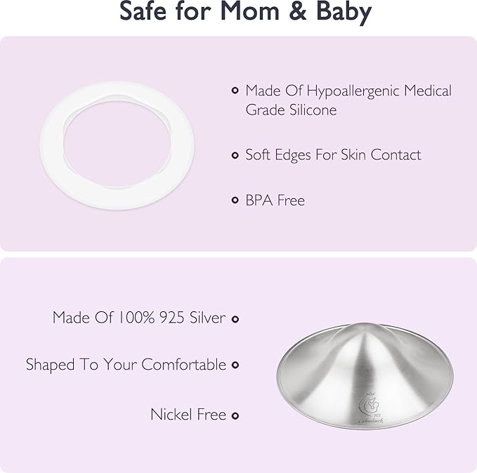 Boboduck The Original Silver Nursing Cups - 925 Silver Nipple Covers Breastfeeding - Protect and Soothe Sore Nipples - Silver Nipple Shield Guards with Soft Silicone Ring (X-Large)