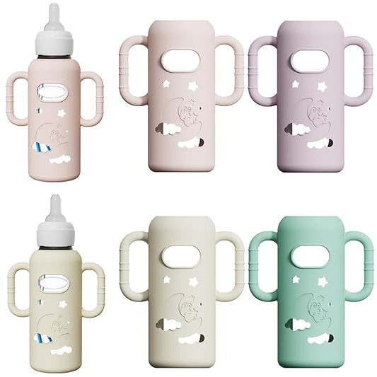 4 Pack Silicone Sleeves for Dr. Brown's Glass Bottles - Drop Protection Bottle Sleeves,Compatible with Dr. Brown's Newborn Glass Bottles,with Silicone Handles,8 oz