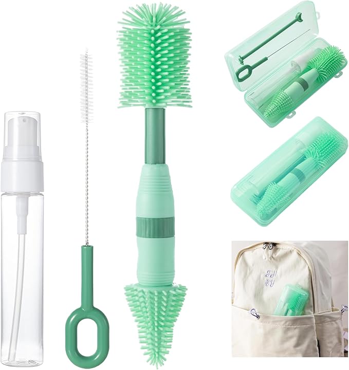 Travel Bottle Brush, 6-in-1 Portable Travel Bottle Cleaner Kit with Small Bottle Brush Built in Drying Rack, Nipple Brush, Straw Brush, Soap Dispenser, for Baby Bottles Under 8 OZ, BPA-Free(Green)