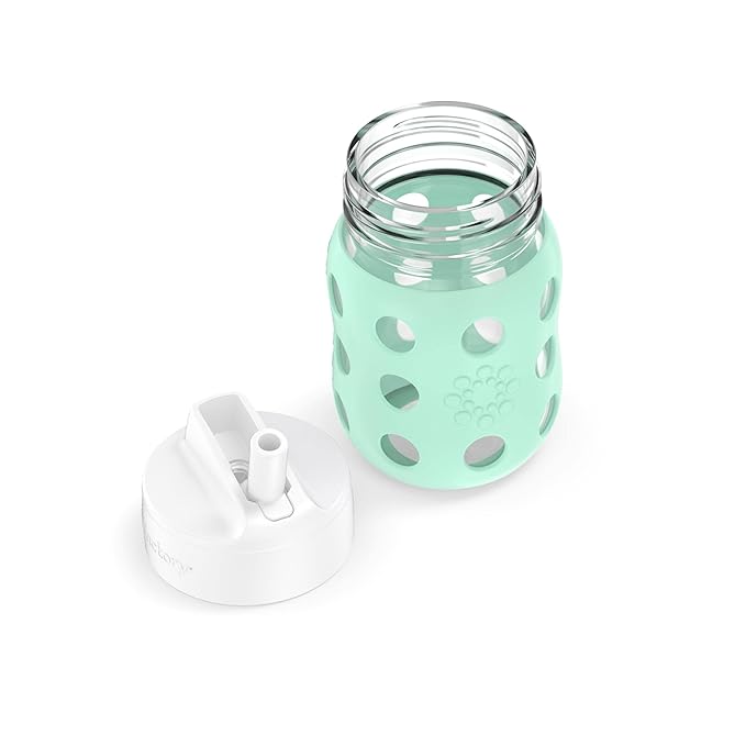Lifefactory 8-Ounce Wide Neck Glass Baby Bottle with Protective Silicone Sleeve and Pivot Straw Cap, Mint (LG2241WMI4)