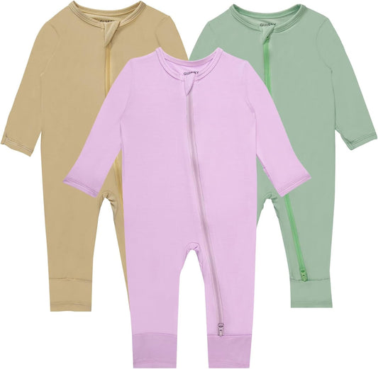 GUISBY Baby Pajamas with Mitten Cuffs - 3Pcs Girls Boys 2 Way Zipper Long Sleeve Rayon Sleepers