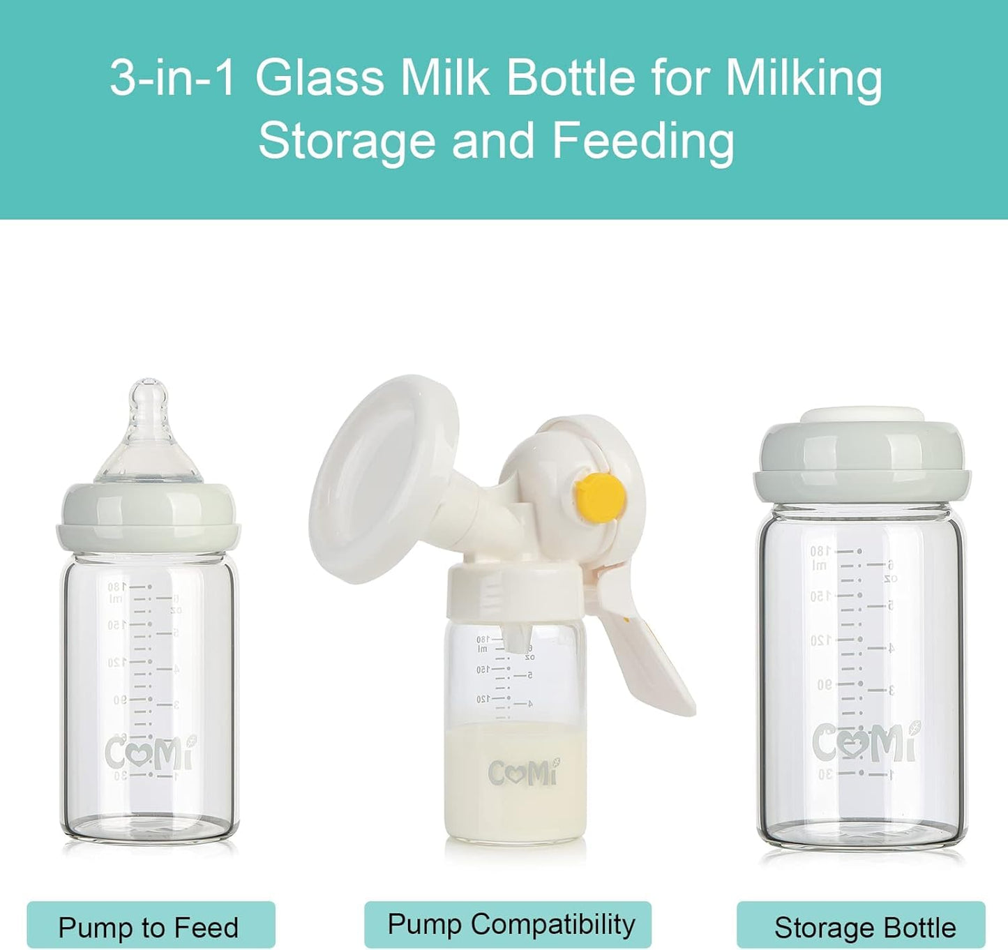 COMI Wide Neck Glass Breastmilk Collection n Storage Bottle, 4 Packs, 6oz with Screw Ring Sealing Disk; Re-markable Sealing Disc. BPA Free, Fits Breast Pumps & Nipples (3 Gray Lids + 3 Pink Lids)