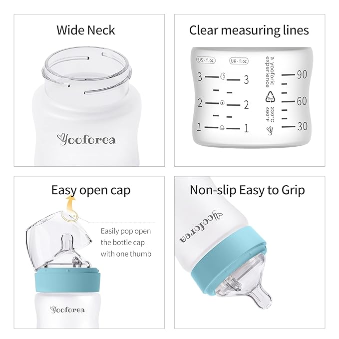Yooforea Silicone Coated Glass Baby Bottle, 0M+ Slow Flow Nipple I Anti-Colic, Wide Neck, Stable Base I Medical-Grade Silicone Coating for Shatter Protection, BPA BPS PVC Free (2 Pack, 3 Ounce-Fog)